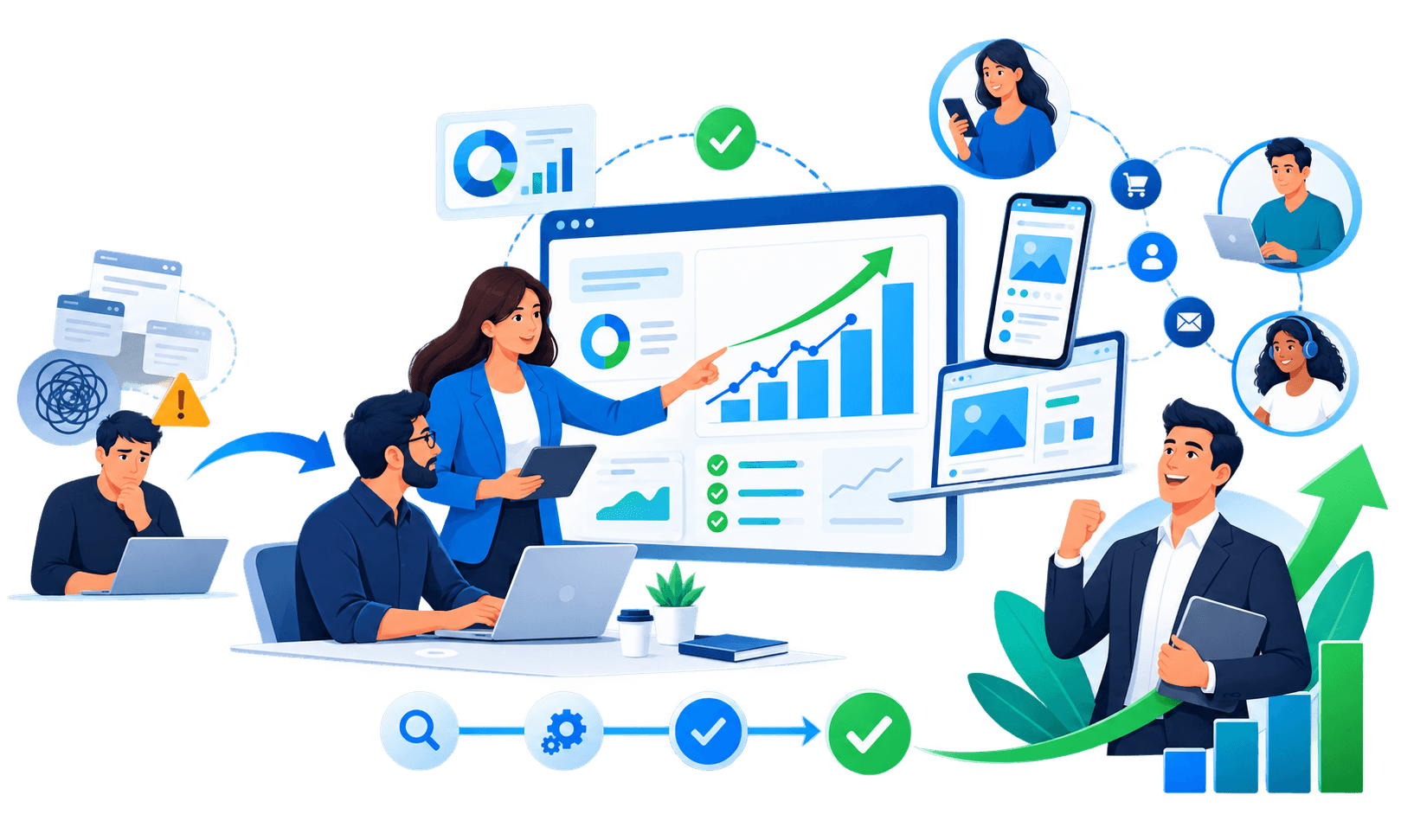 Product team moving from a challenge through collaboration and implementation to business growth