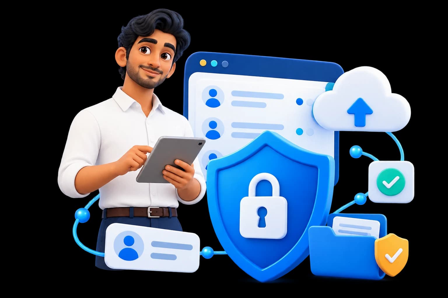 Software professional beside a privacy shield and protected data panels
